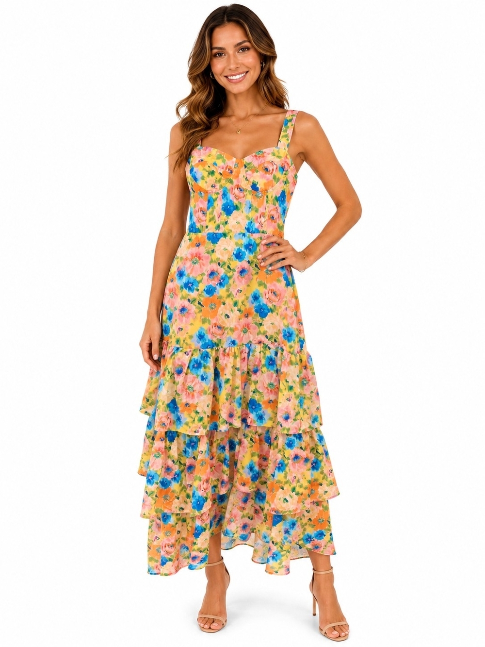 Aqua Yellow Pink Floral Ruffle Tiered Maxi Dress NWT XS